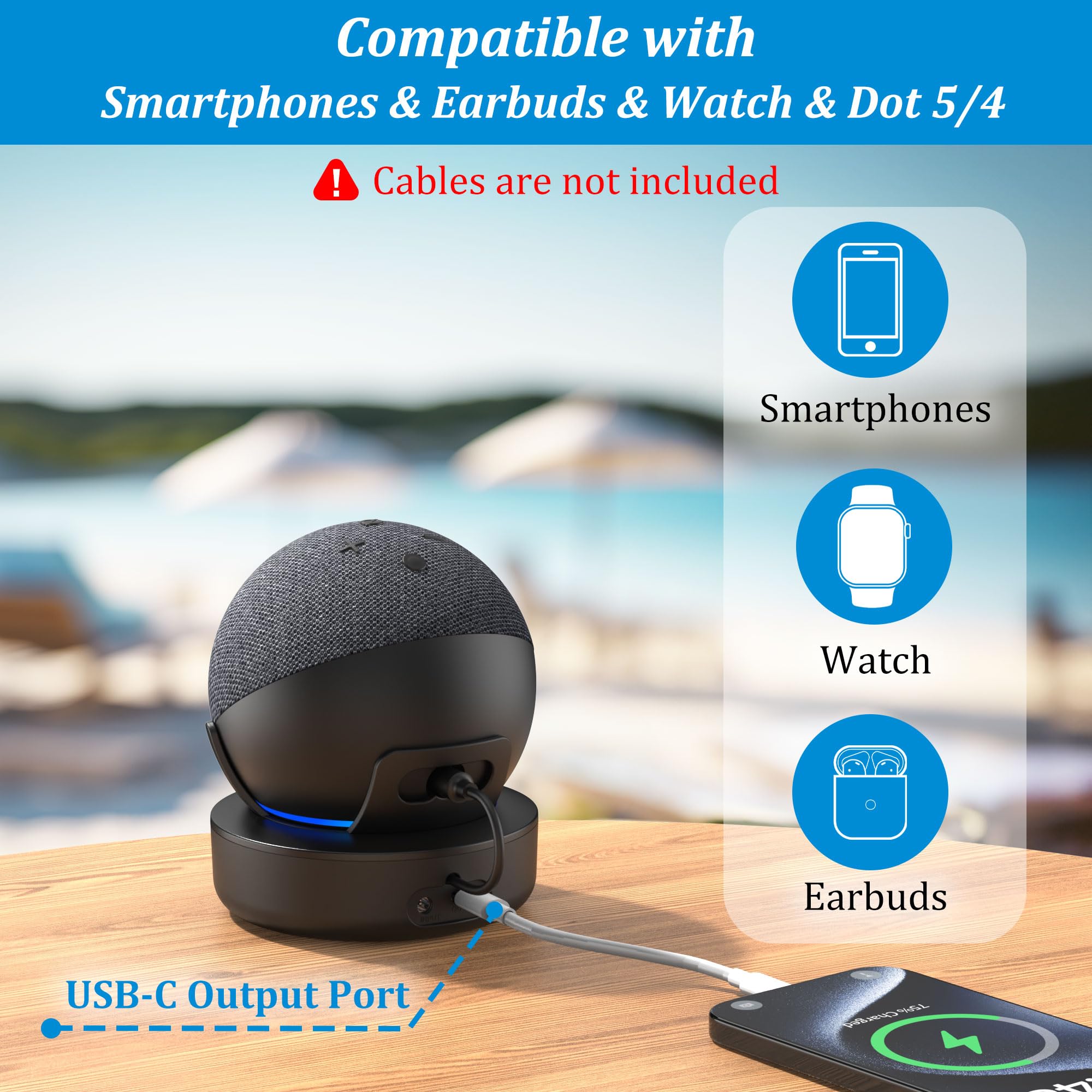 PlusAcc Battery Base for Dot 5th Gen & Dot 4th Gen & Cellphones - 5000 mAh Portable Charger Stand Holder, Rechargeable Charging Dock Station for Dot 5 & Dot 4 & Smartphones & Earbuds (Black)