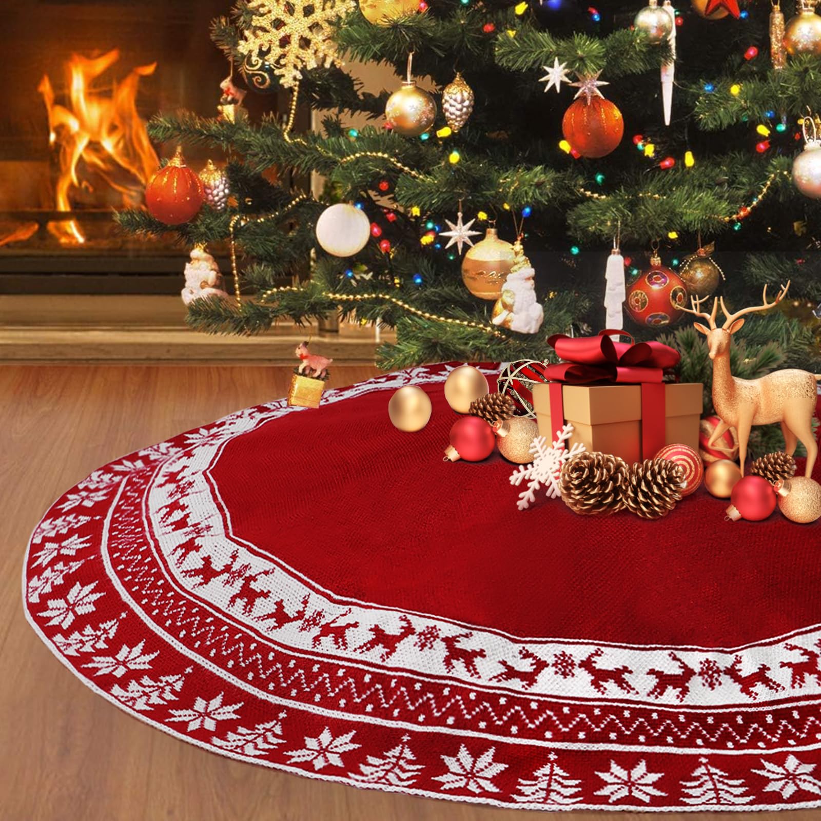 Weldomcor Christmas Tree Skirt, 48 Inch Large Red Knitted Christmas Tree Mat with Snowflakes Reindeer Farmhouse Rustic Thick Knit Xmas Tree Base Cover for Home Holiday Party Christmas Decorations