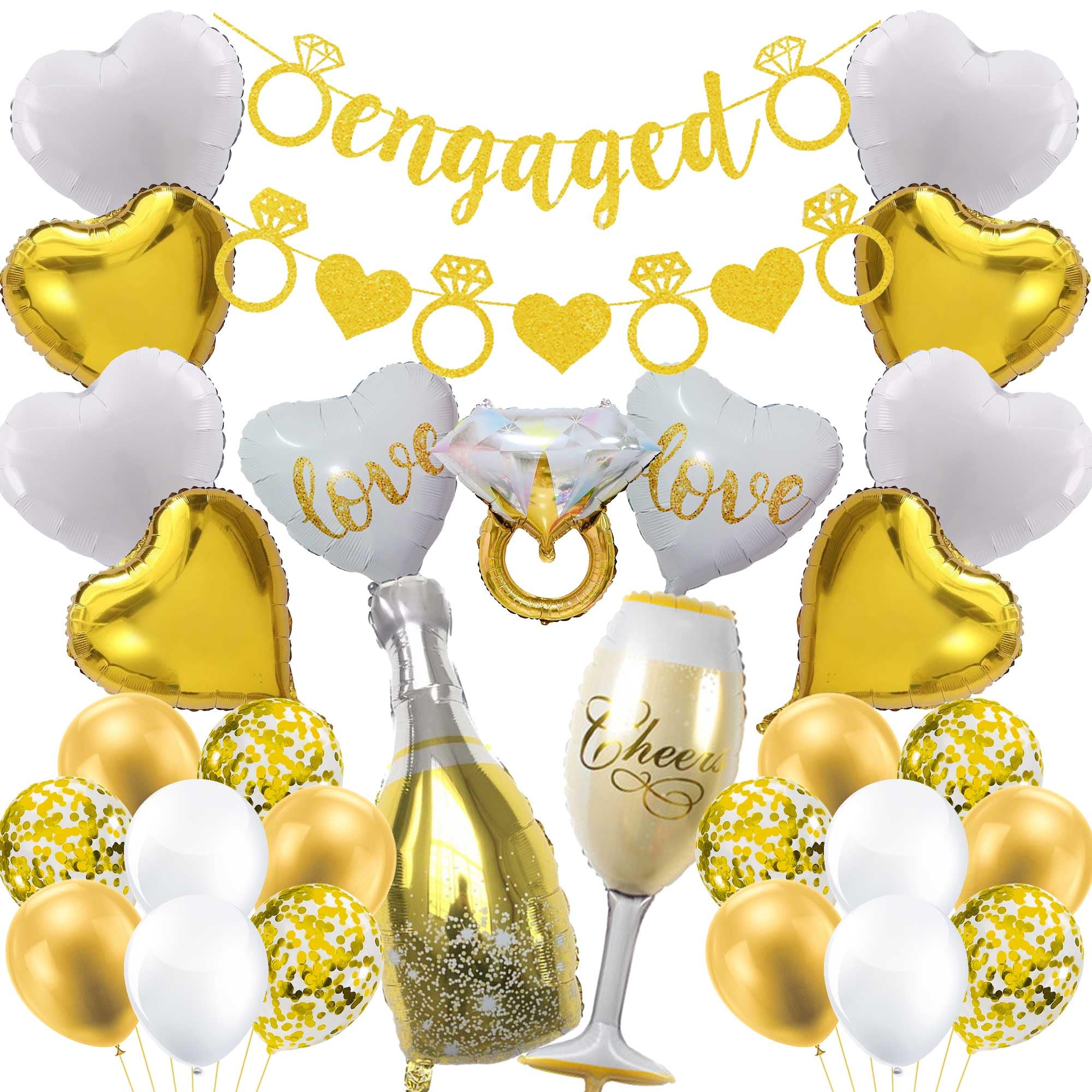 Engagement Party Decorations Gold Balloon - 30 Pcs Glitter Engaged Banner, Diamond Ring Heart Champagne Gold Confetti Balloons for Bachelorette Bridal Shower Wedding Party Supplies