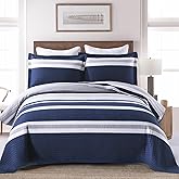 SahSahCasa Quilt Queen Size, 100% Cotton Queen Quilt Set, Navy Blue Striped Quilts, Queen Quilted Bedding Set Bedspreads, Lightweight Comforter for Queen Bed, All Season, Navy Blue, 3 Pieces