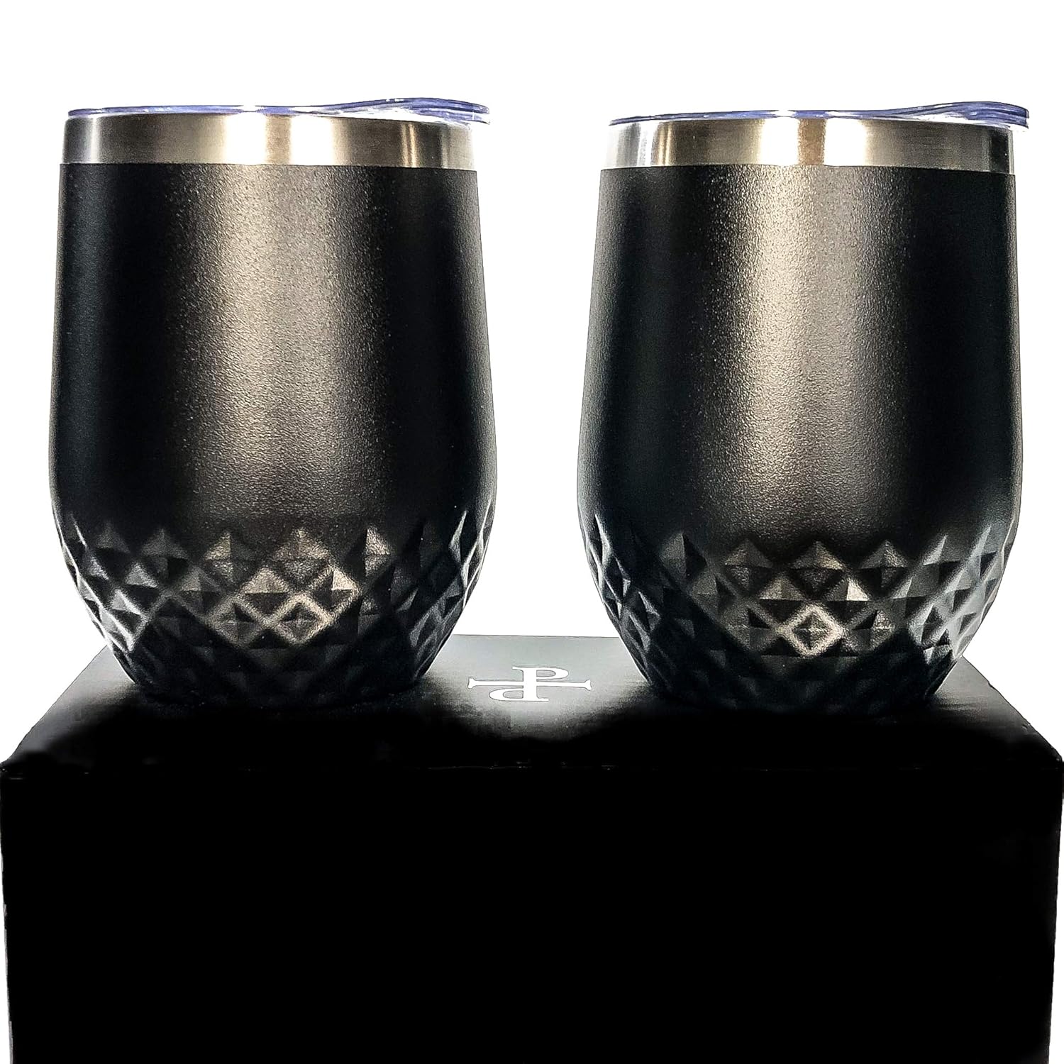 2 pack Dishwasher Safe Designer Wine Tumblers with Lids | Stemless Wine Glasses with Gift Box | Vacuum Insulated | Hammered | 12 oz | by Petra Verre | Stealth Black