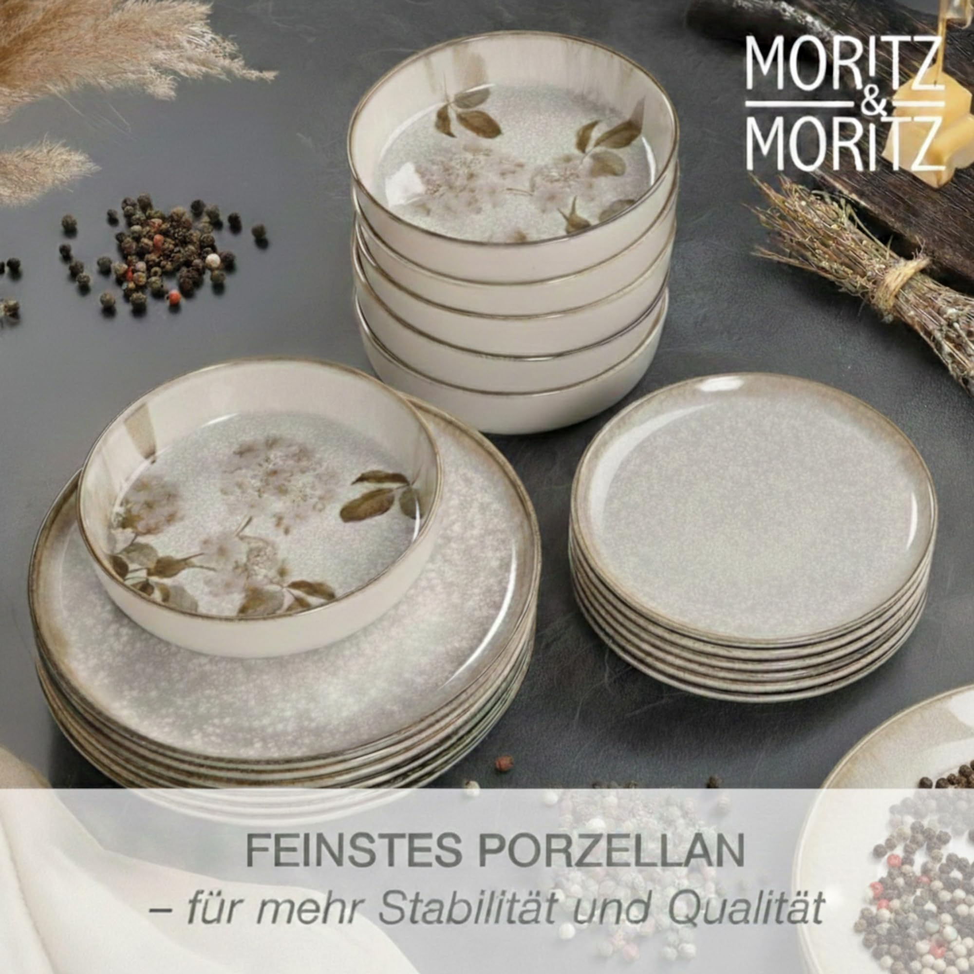 Moritz & Moritz BLOSSOM Porzellan Geschirrset 6 Personen 18-tlg. - Modernes Tafelservice mit verspieltem Design - Pflegeleichtes Kaffeeservice mit Teller Set & Schüsseln - Kombiservice 4