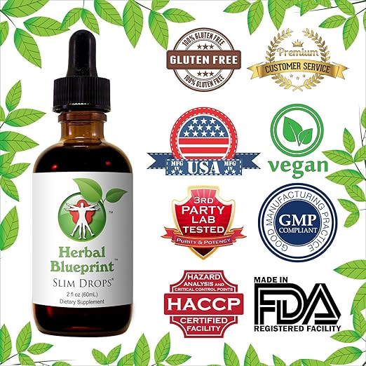 Herbal Blueprint Slim Drops Natural Weight Loss Bloating Gas Relief Digestion Belly Fat Burner Garcinia Thyroid Support Dietary Supplement Women And