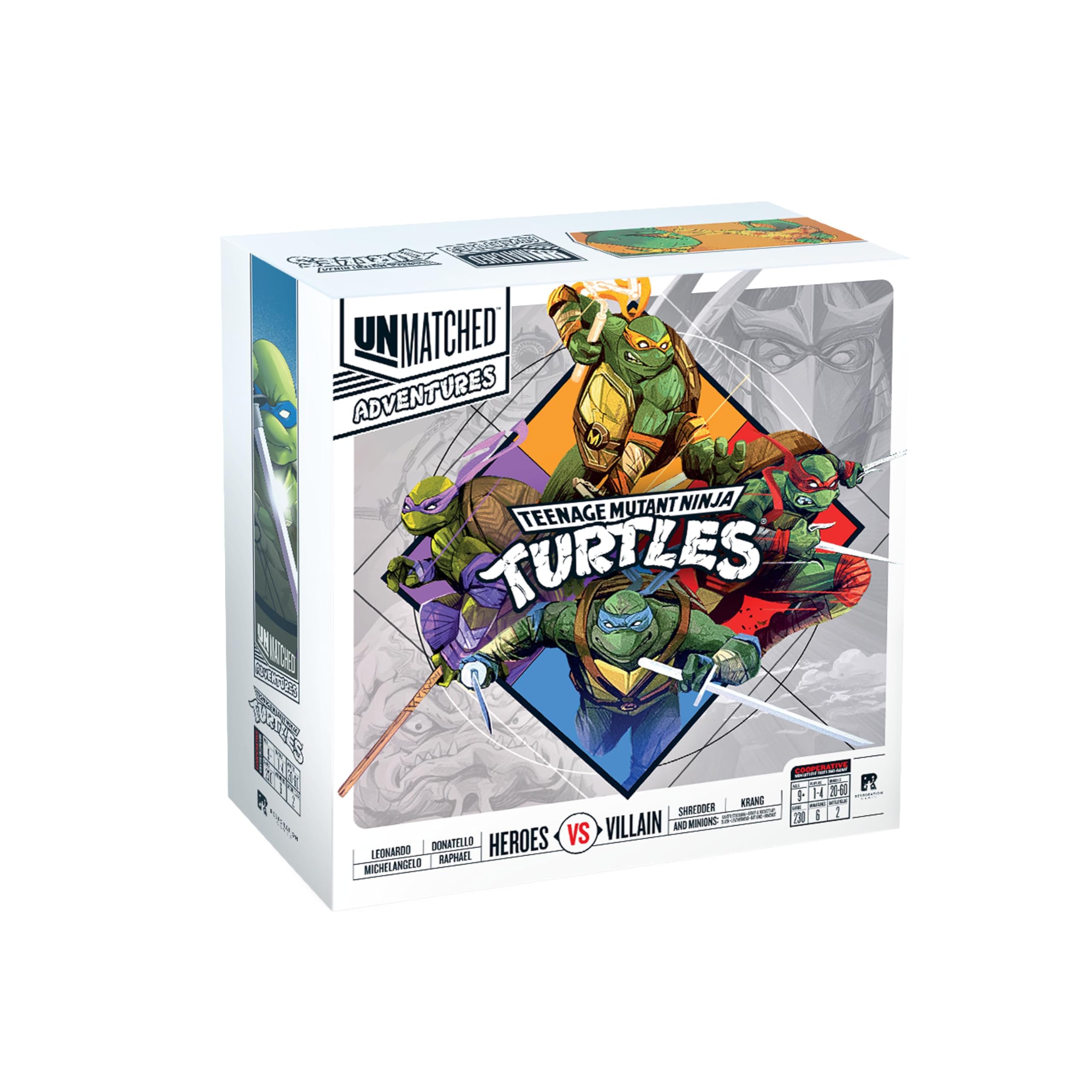 Restoration Games Unmatched Adventures Teenage Mutant Ninja Turtles - Juego de mesa de estrategia cooperativa para 1 a 4 jugadores - Expansión de héroes y villanos - 20-60 min de tiempo de juego - Edades 9+