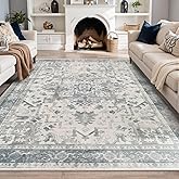 Rugxara 6x9 Washable Area Rug for Living Room, Neutral Vintage Large Boho Rugs for Office, Dining Room, Kids Room, Farmhouse, Durable Low Pile Non Slip Carpet for High Traffic Areas, Light Blue Grey