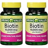 Spring Valley 10000mcg Biotin with 100mg Keratin Dietary Supplement, 60 Tablets (Pack of 2)