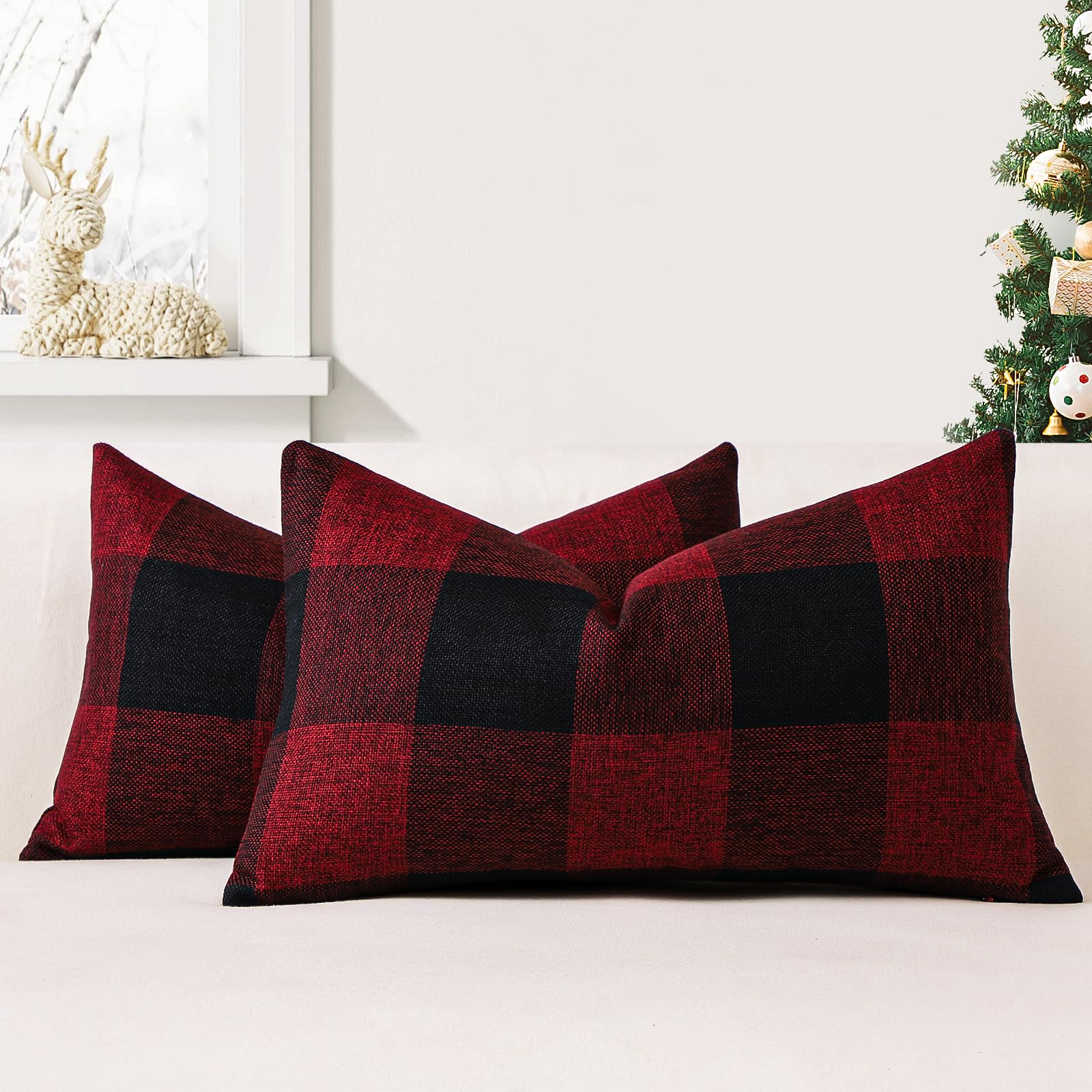 JOTOM Set of 2 Classic Plaids Cushion Covers 30x50 cm Farmhouse Buffalo Check Soft solid Decorative Throw Pillow Covers Home Decor Outdoor Cushion Case for Sofa Bedroom (Black Red)