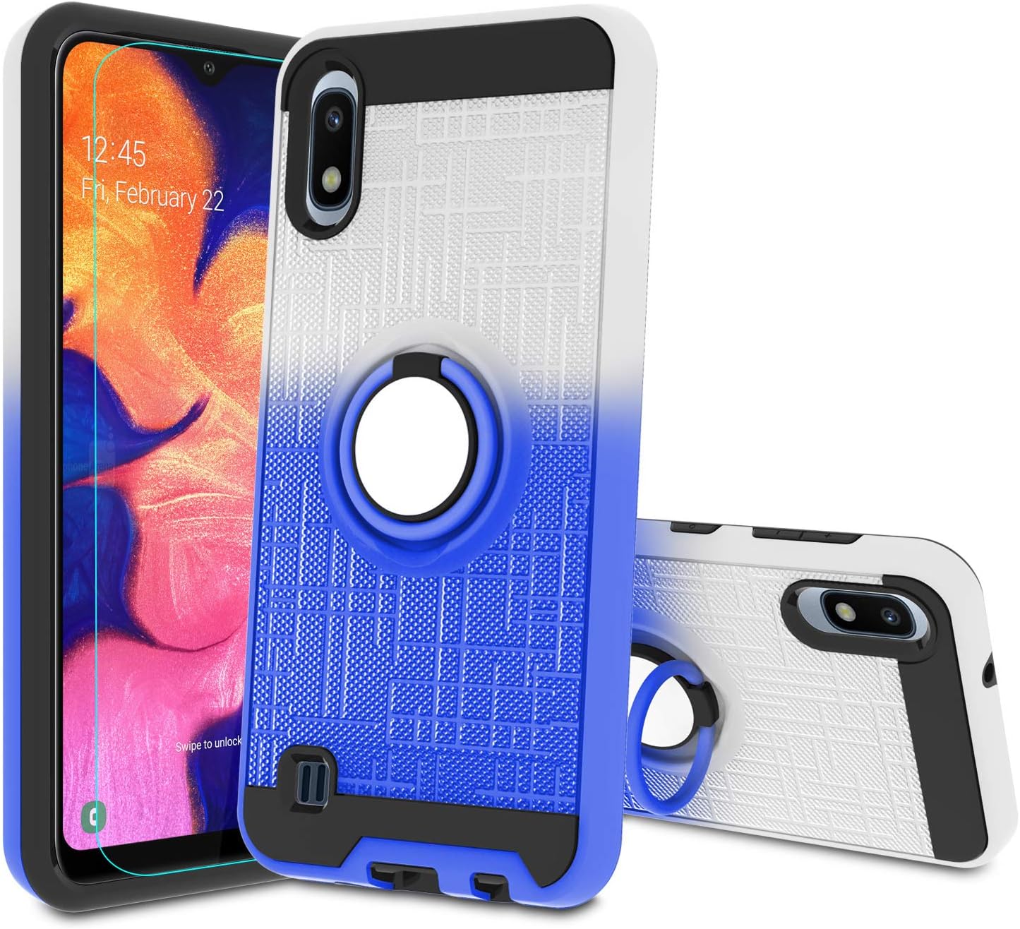 Galaxy A10 Case, Samsung Galaxy M10 Case with HD Screen Protector,Atump 360 Degree Swivel Ring Holder Kickstand Bracket Cover Phone Case Cover for Samsung Galaxy A10 Sliver/Blue