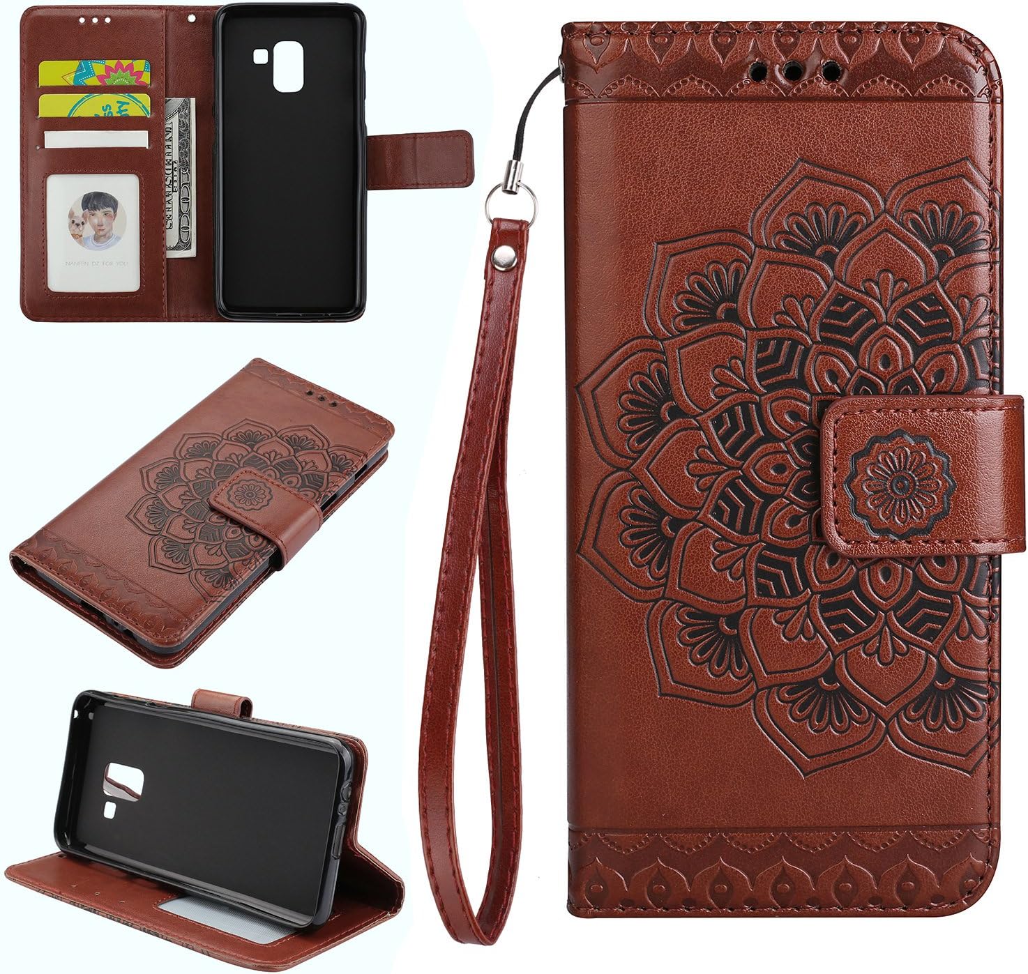 Lomogo Samsung Galaxy A8 (2018) / A530 Case [Half Flower], Leather Wallet Case with Kickstand Card Holder Shockproof Flip Case Cover for Samsung Galaxy A8 (2018) - LOHHA10401 Brown