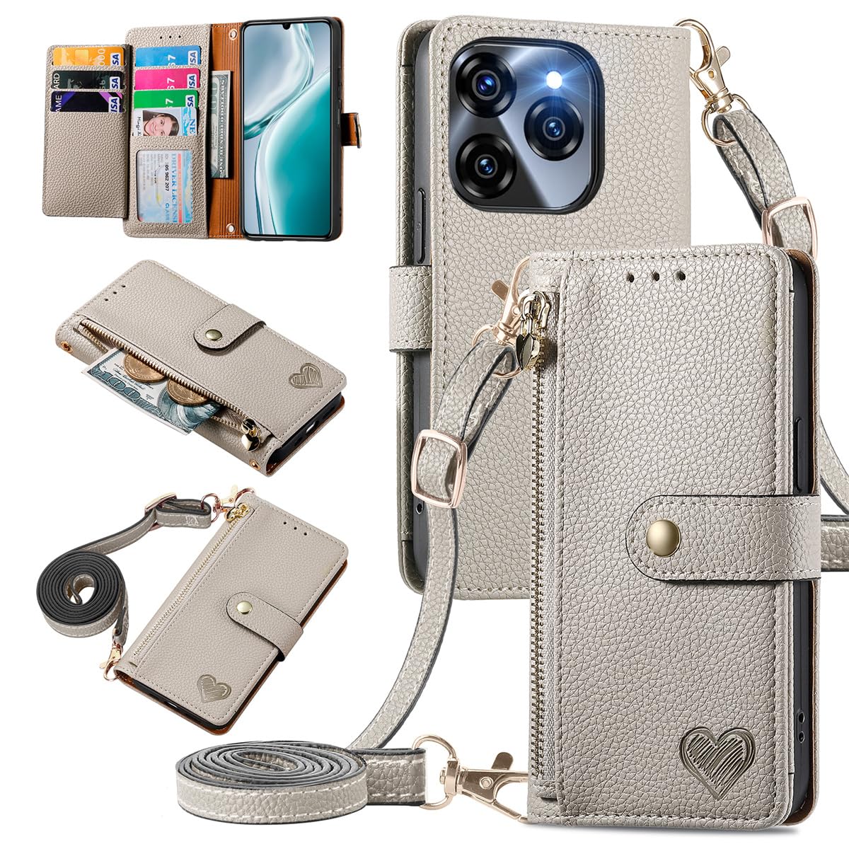 MOJIA Flip Case For Oukitel C50, Leather Zipper Flip Wallet Case Cover [with Shoulder Belt], Card Holder Multifunctional Anti-fall Phone Shell. Grey