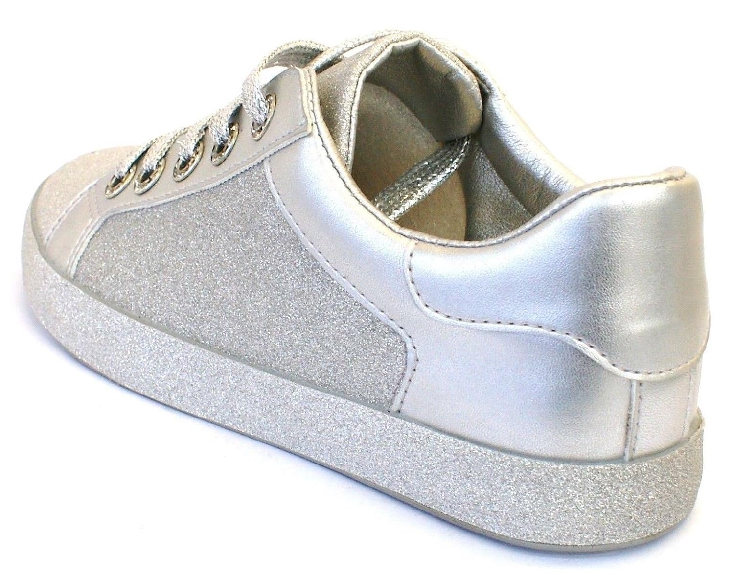 Womens Glitter Lace Up Shoe Trainers Ladies Pump Sneakers Flat Shiny Sparkle Gym [Silver UK 4EU