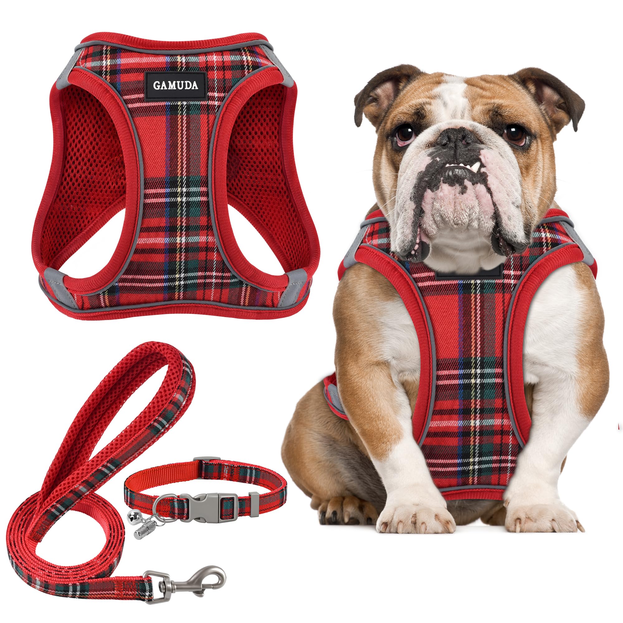 Photo 1 of GAMUDA Small Dog Harness Collar and Leash Set, Step in No Chock No Pull Soft Mesh Adjustable Dog Vest Harnesses Plaid Reflective for Dogs Puppy Cats Kitten Rabbit (Red, L)