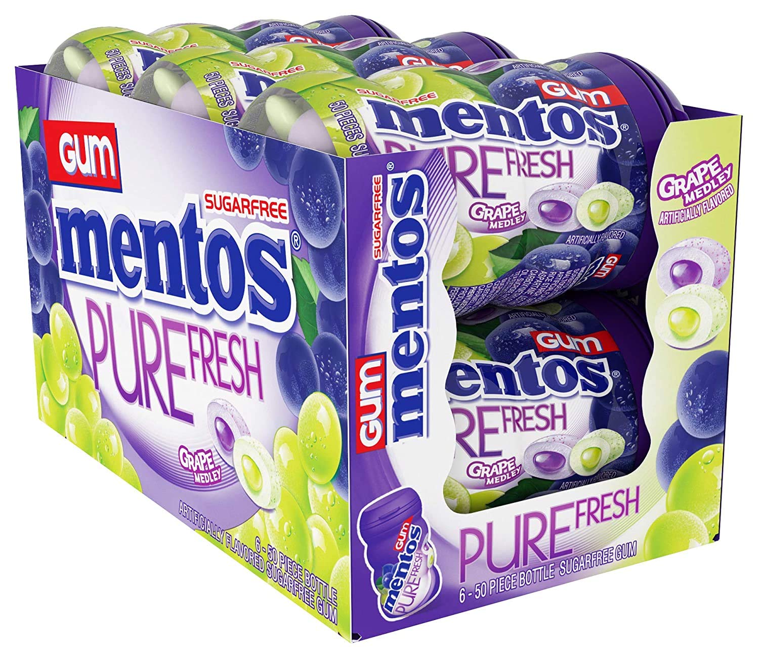 Mentos Pure Fresh Sugar-Free Chewing Gum with Xylitol, Grape Medley, 50 Piece Bottle (Bulk Pack of 6)