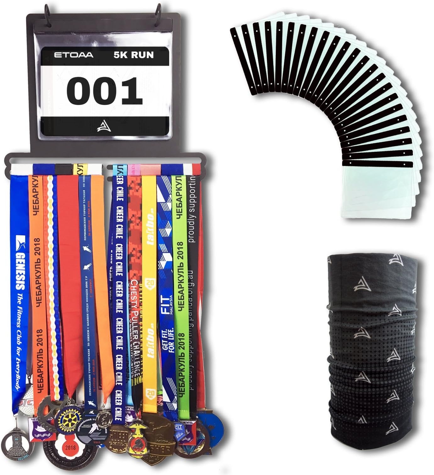 ETOAA Medal Display for Runners Including Bib Sleeves - 40 Medal Hanger and 100 Race Bib Holder - Wall Mounted Rack in a Premium Gift Box; Ideal for Runners, Marathon, Triathlon and Other Sports