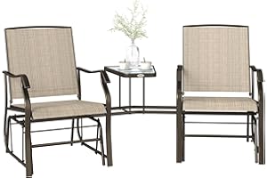 Outsunny Double Patio Glider Chair with Glass Top Center Table, Outdoor Glider Loveseat with High Back, All Weather Breathabl