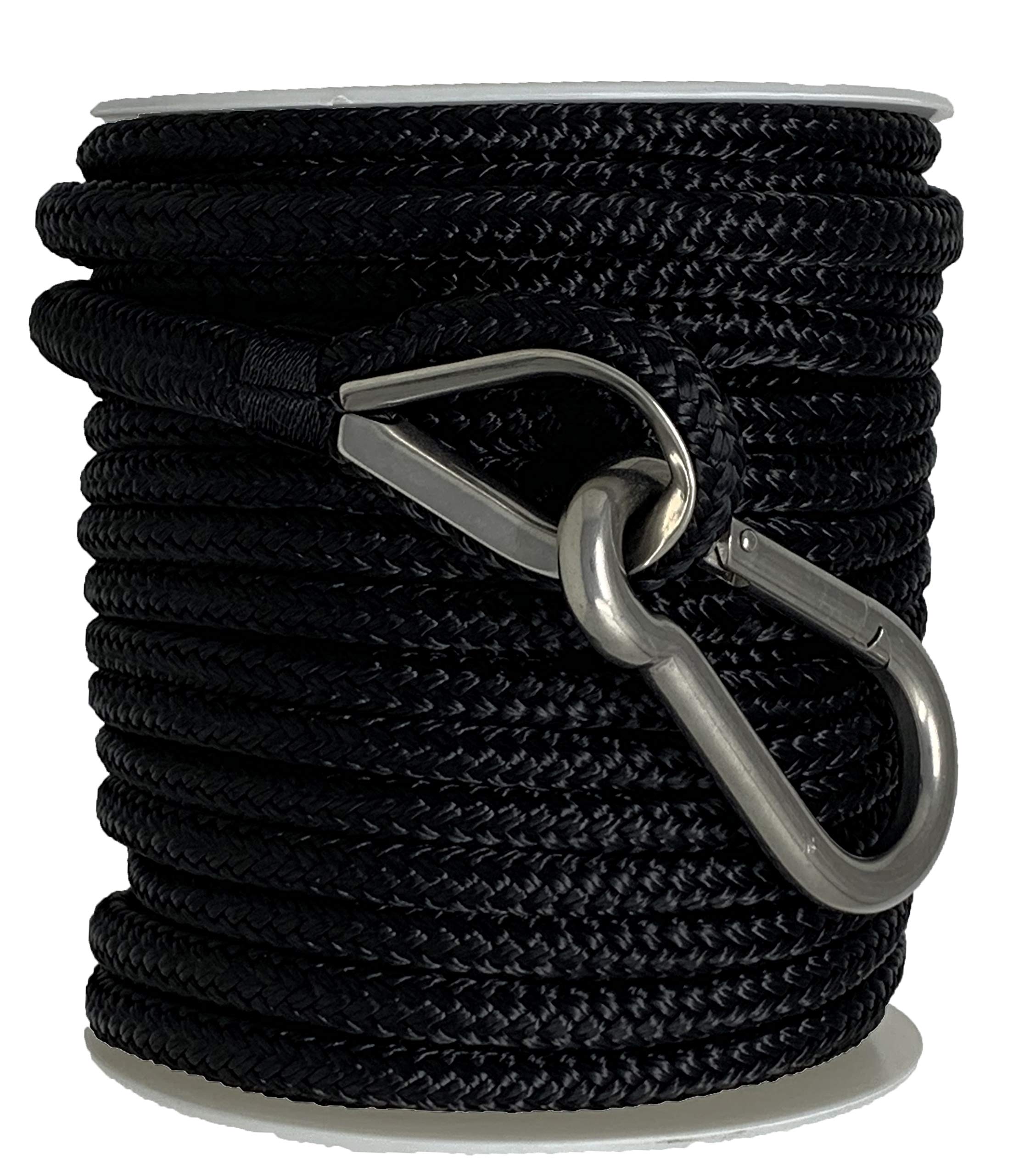 Rainier Supply Co Double Braided Nylon Anchor Rope - 3/8" Anchor Line/Boat Anchor Rope with 316SS Thimble and Heavy Duty Marine Grade Snap Hook - Available in 100' and 150' - Boat Accessories, Black