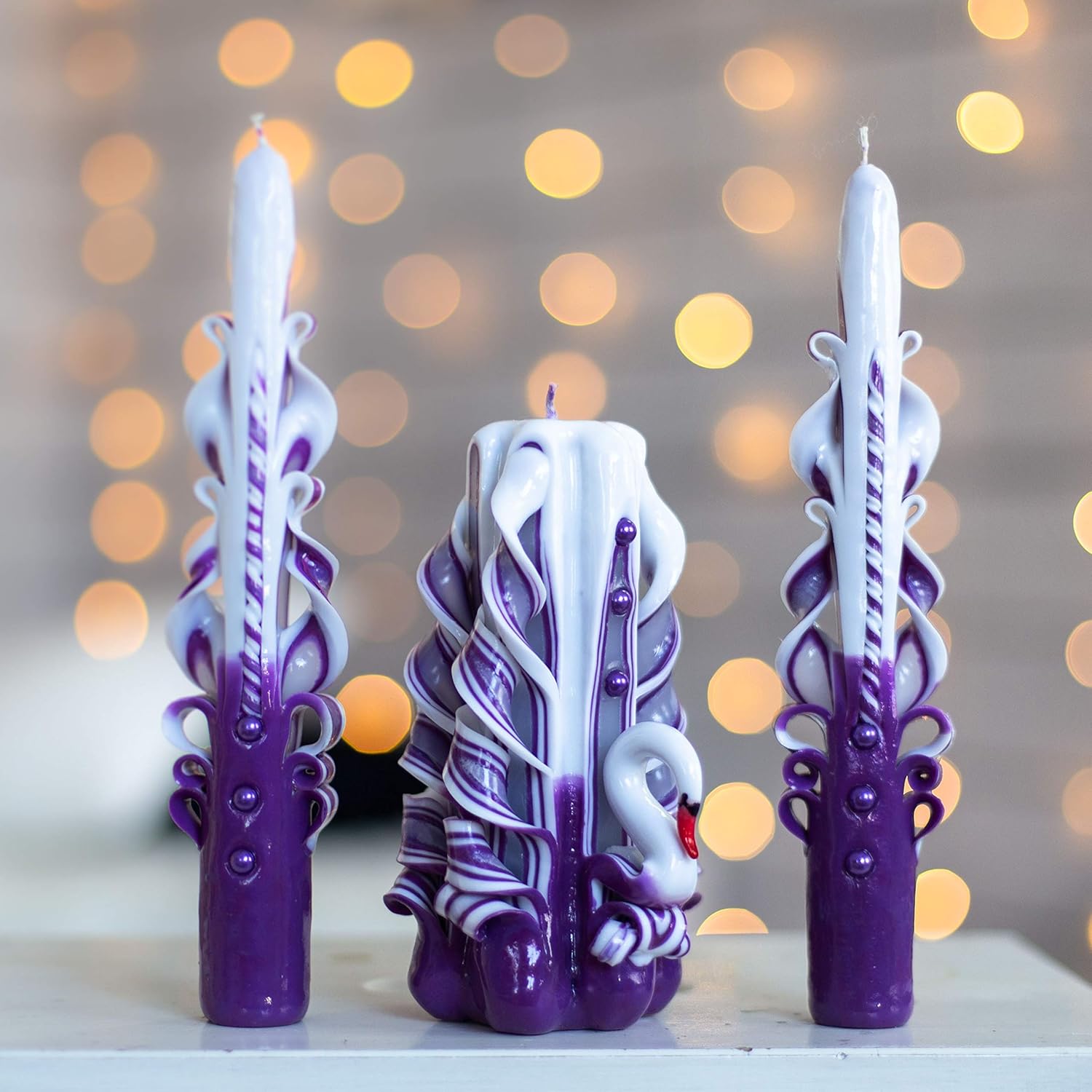 Wedding Purple carved candle set with Swan Luxury Home