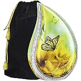 M MEILINXU Cremation Urns for Human Ashes Adult Female & Male, Urn for Ashes for Women & Man, Funeral Decorative Teardrop Urn, Yellow Butterfly and Flower, Large Tear Drop - Full Size