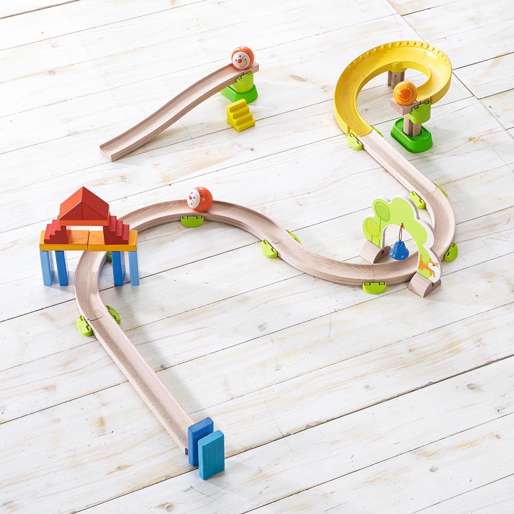 HABA Kullerbu Spiral Track - 26 Piece Wood & Plastic Ball Track Set with Crazy Curves & Bell Age 2+