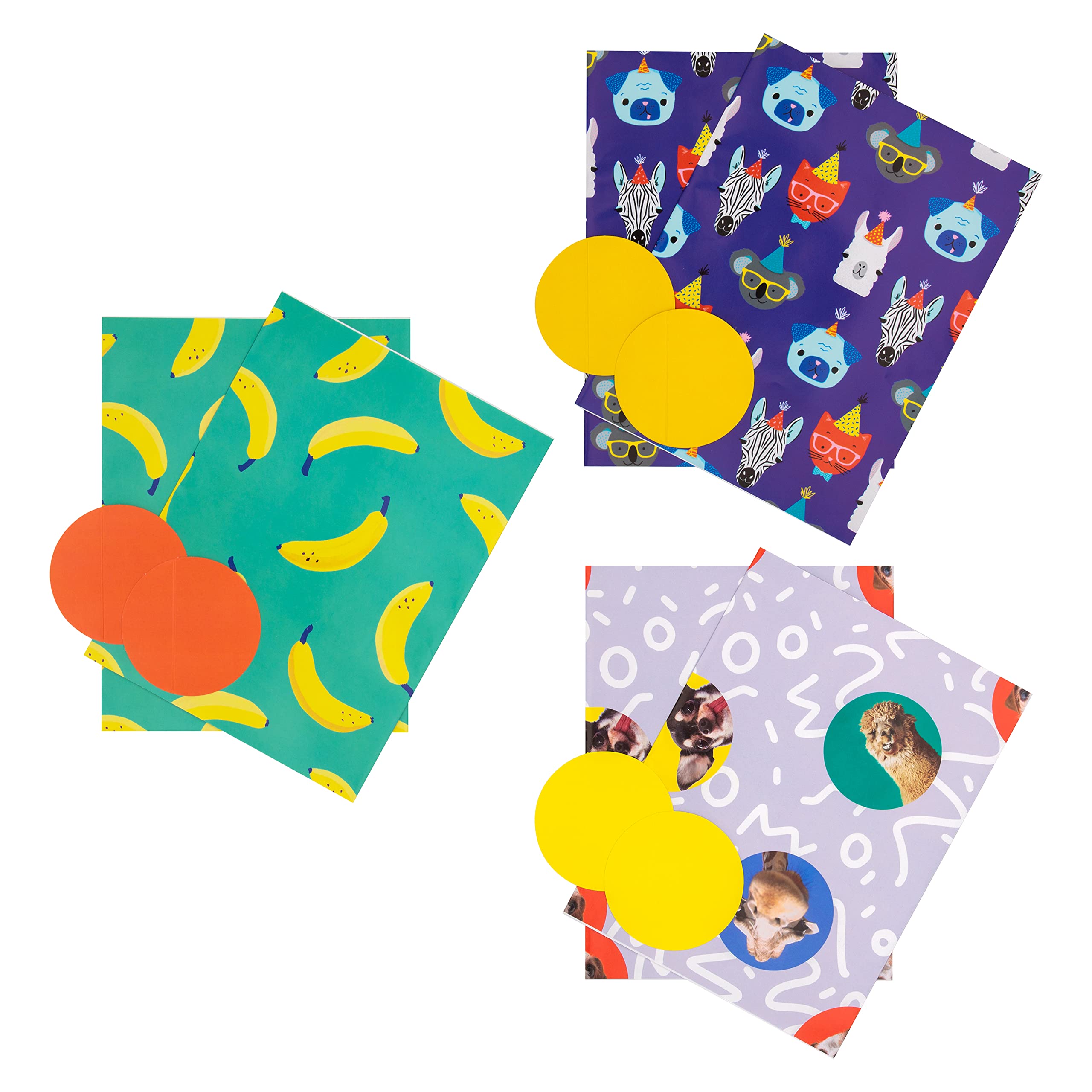 Hallmark Fun Wrapping Paper and Gift Tag Pack Bundle - 6 Sheets and 6 Tags in 3 Different Designs
