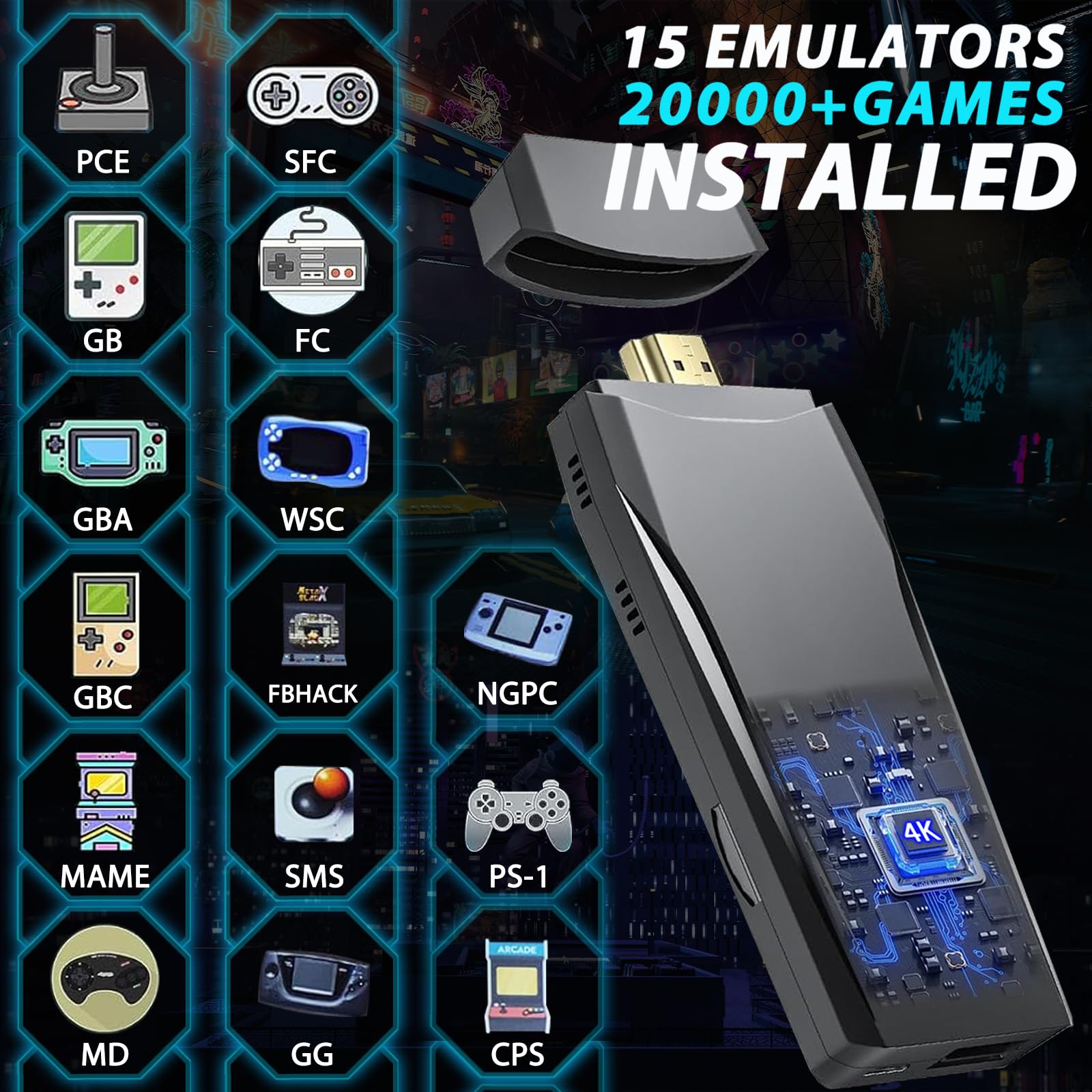 ANGFA Wireless Retro Game Console Stick, Upgrade Retro Video Gaming Stick Built in 20000+ Games with 18 Emulators, 4K HDMI Output with 2 Pack 2.4G Wireless Controllers for Nostalgia Gifts- 64GB