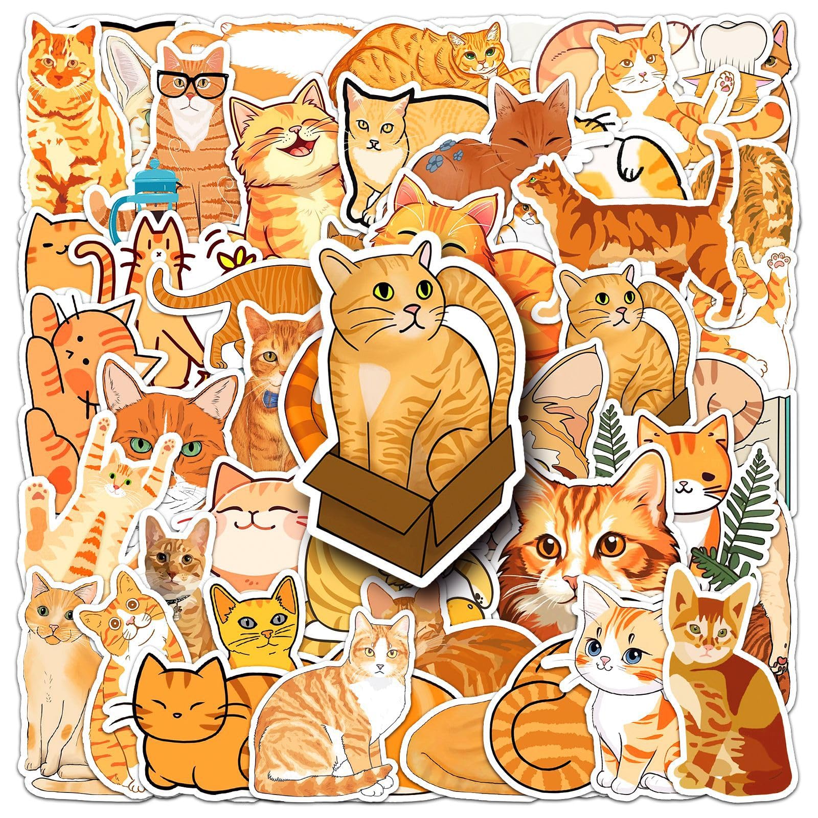 50Pcs Orange Cat Stickers Laptop Car Scrapbook Phone Skateboard Suitcase Luggage Bike Cat Stickers Vinyl Waterproof Aesthetic Personalised Stickers for Teens Boys Girls Adults