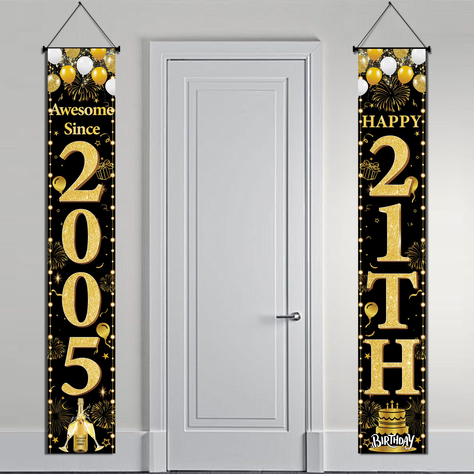 21st Birthday Decorations Door Banner - Black Gold Awesome Since 2005 Happy 21st Birthday Party Door Porch Sign for 21 Year Old Women Men Party Banners Decor Supplies (180 × 30 cm)