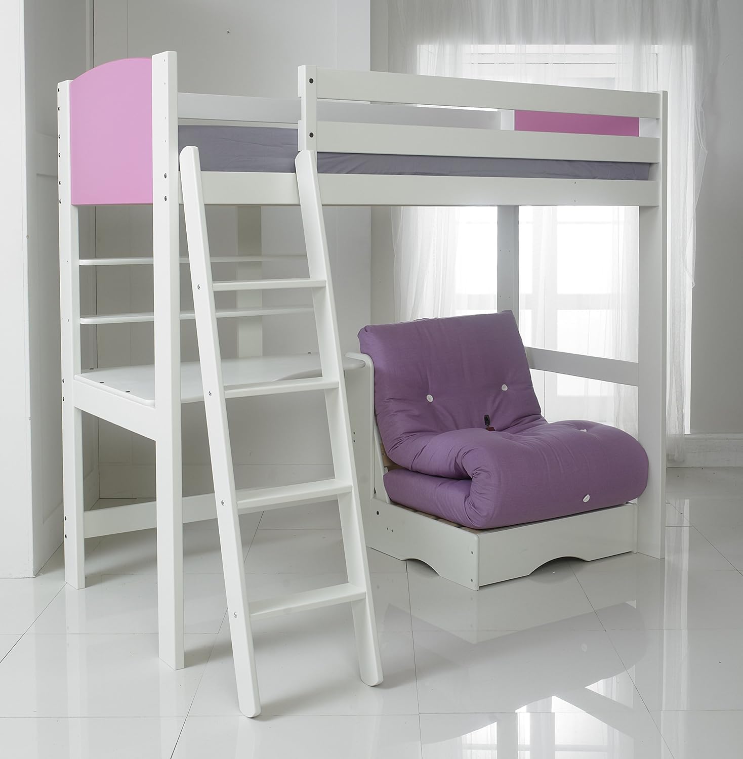 High Sleeper Bed with Lilac Futon, Desk and 2 Shelves. 3Ft Single Bed