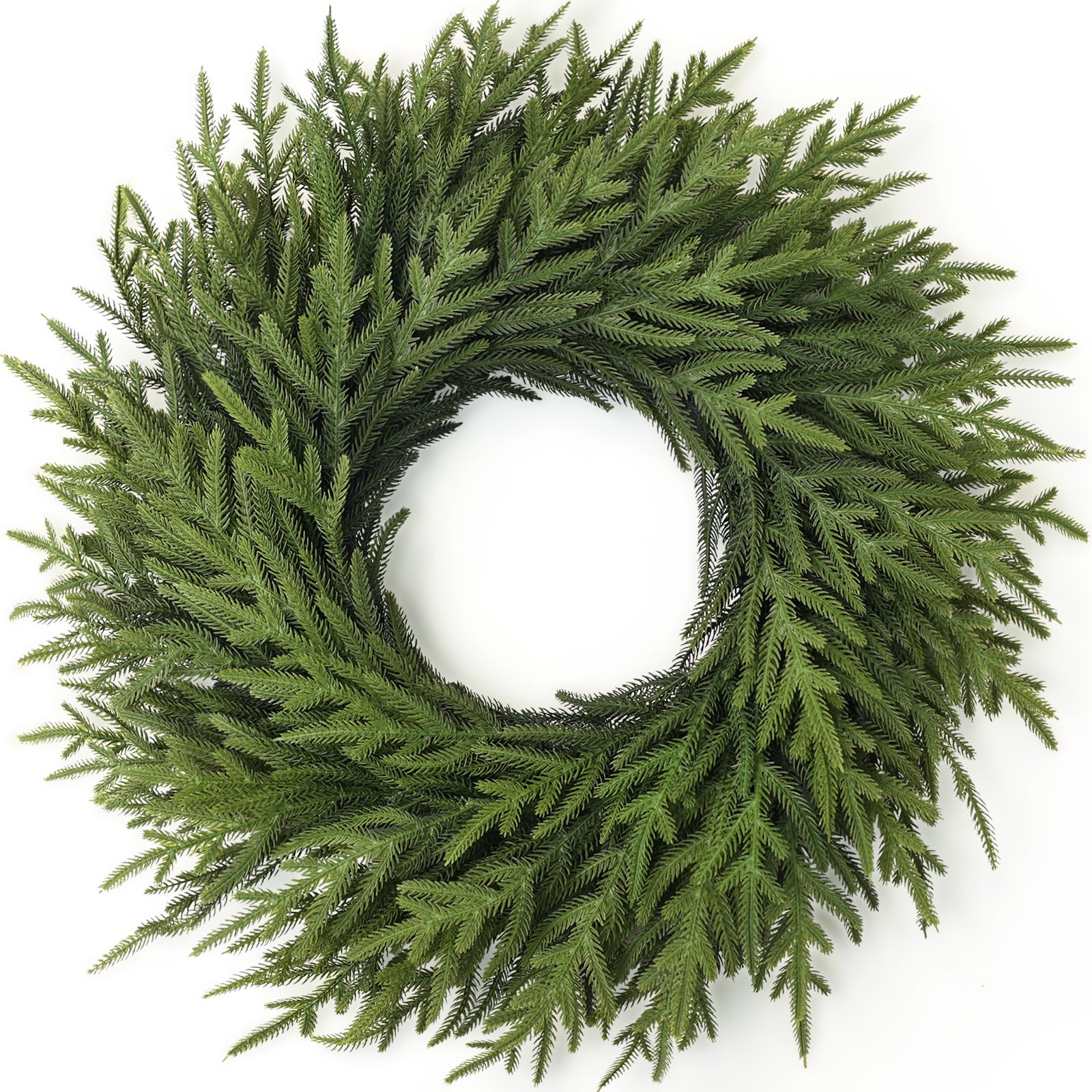 View 1 of 26" Norfolk Pine Wreath for Front Door, Artificial Christmas Wreaths Faux Green Fake Pine Needles Wreath for Front Door Wall Windows Indoor Outdoor Christmas Decor