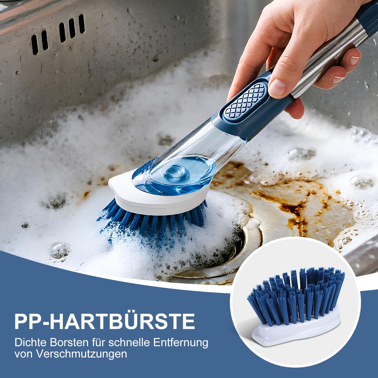 Masthome Spülbürste mit Spülmittelspender, Befüllbare Spülbürste, 4 Verschiedenen Ersatzköpfen, Multifunktional Küchenbürste Reinigungsbürste, Geschirrbürste für Geschirr, Töpfe, Spülen Reinigung 6