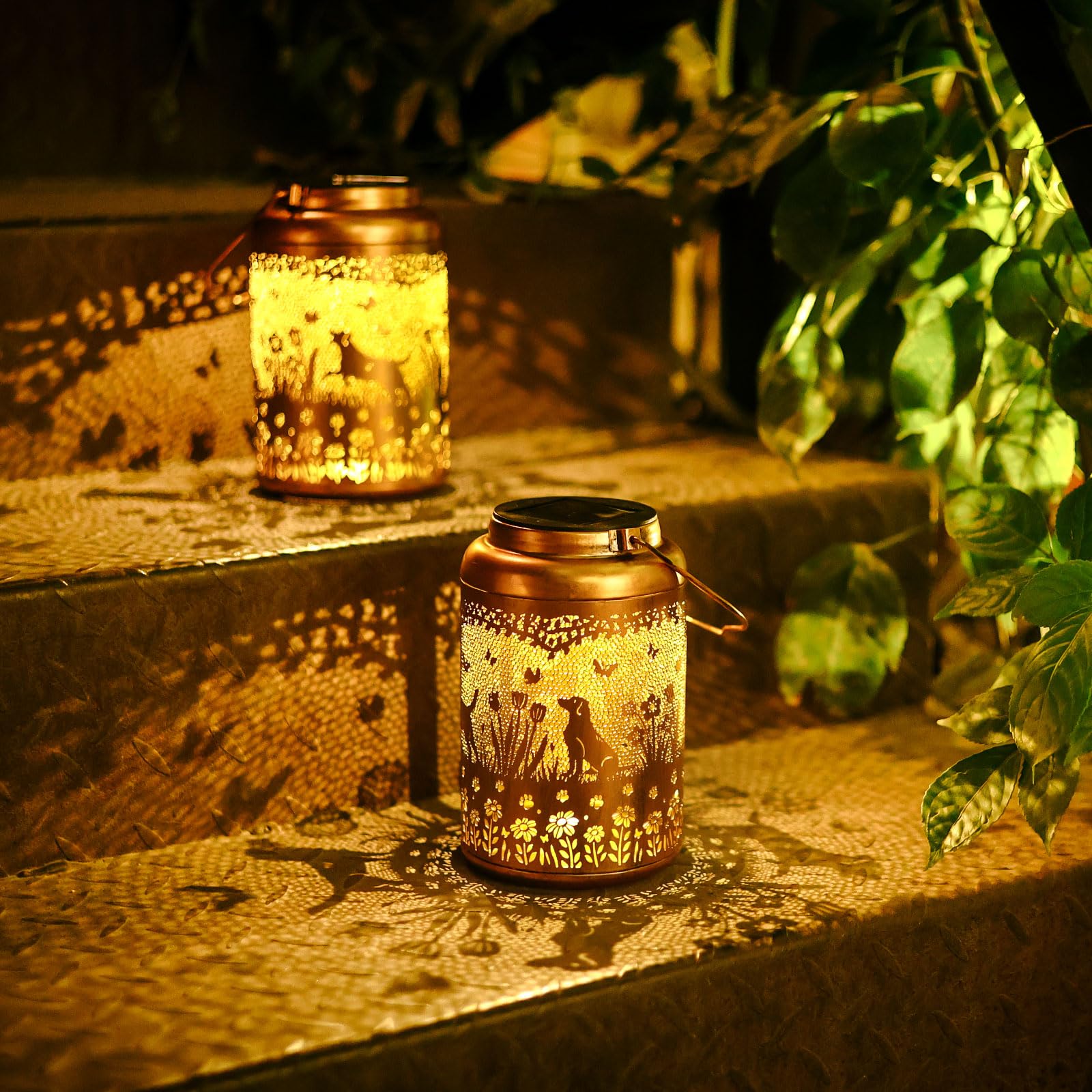 2Pack Dog Solar Lanterns Outdoor Waterproof Garden Decor Solar Lights Birthday Gifts for Women Mom Grandma Hanging Lantern LED Light Metal Dog Decoration Outside for Yard,Lawn,Porch,Patio,Tabletop Image