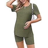 Ekouaer Maternity Sets 2 Piece Outfits Ribbed Knit Short Sleeve Shirts and Biker Shorts Pregnancy Loungewear Mama Clothes