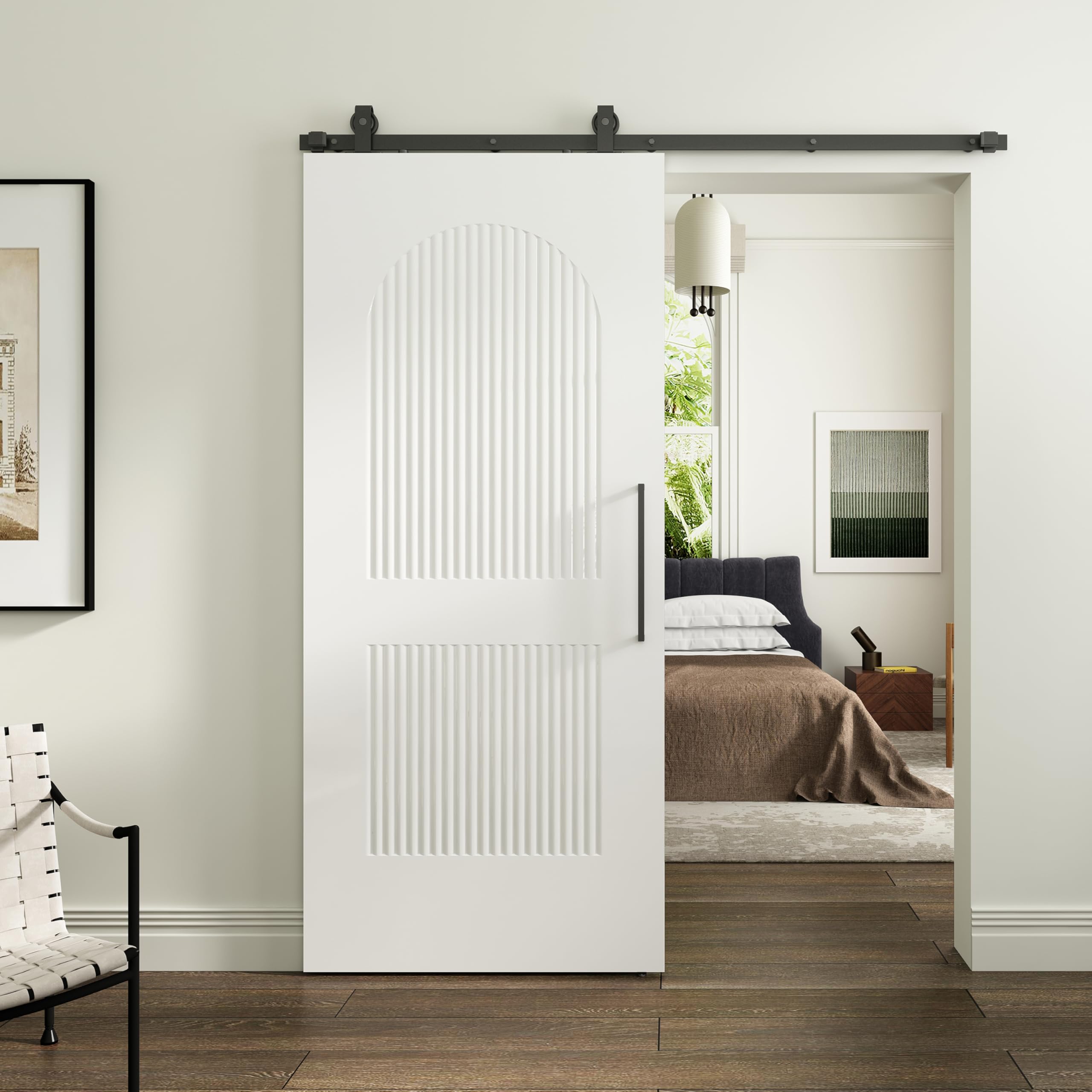 Photo 1 of ***DAMAGED***BarnSmith 36''x84'' Sliding Barn Door, 2 Panel with Reeded Arc White Primed Sliding Closet Door with 6FT Hardware Kit, Hollow Core Interior Door, Preassembled Panels, Durable & Sturdy