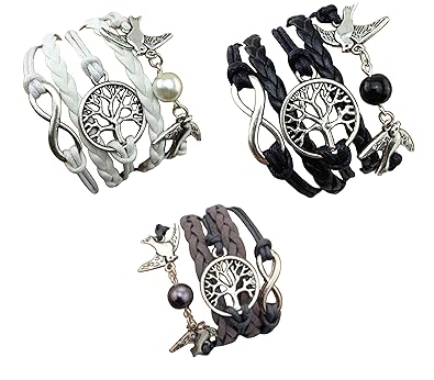 Strass Paillettes Lot De 3 Bracelets Gris Taupe Blanc Et Noir Bracelet Oiseau Colombe Arbre De Vie Lien Infini Perle Damour Cadeau Femme