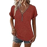 Koscacy Womens Tops Short Sleeve Zipper Tshirts Blouses Ladies Knit Solid Casual Spring Summer Tunic S-XXL
