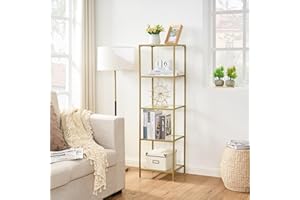 Homhedy 5-Tier Bookshelf,Metal Bookcase,Tempered Glass Shelves,Storage Rack Shelf for Home Office,Living Room,Bedroom, Bathroom,Modern Style,Golden