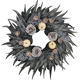 iWREATH 24 Inch Halloween Wreath with Snakeskin Leaves for Front Door | Silk snakeskin foliage, silk withered-look roses, cream foam pumpkins, 3 black spiders, elegant gothic style