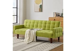 Betoko Linen Futon Sofa Couch 73.6" Fabric Upholstered Convertible Sofa Bed Minimalist Button Tufted Small 3 Seater Sleeper Futon Couch Set for Living Room Bedroom (Green)