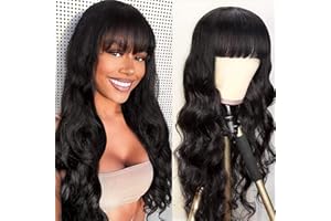 Lativ Body Wave Wigs with Bangs Human Hair Wigs for Black Women None Lace Front Wigs 150% Density Brazilian Virgin Hair Glueless Machine Made Wig Natural Color(20 Inch, Body Wave)