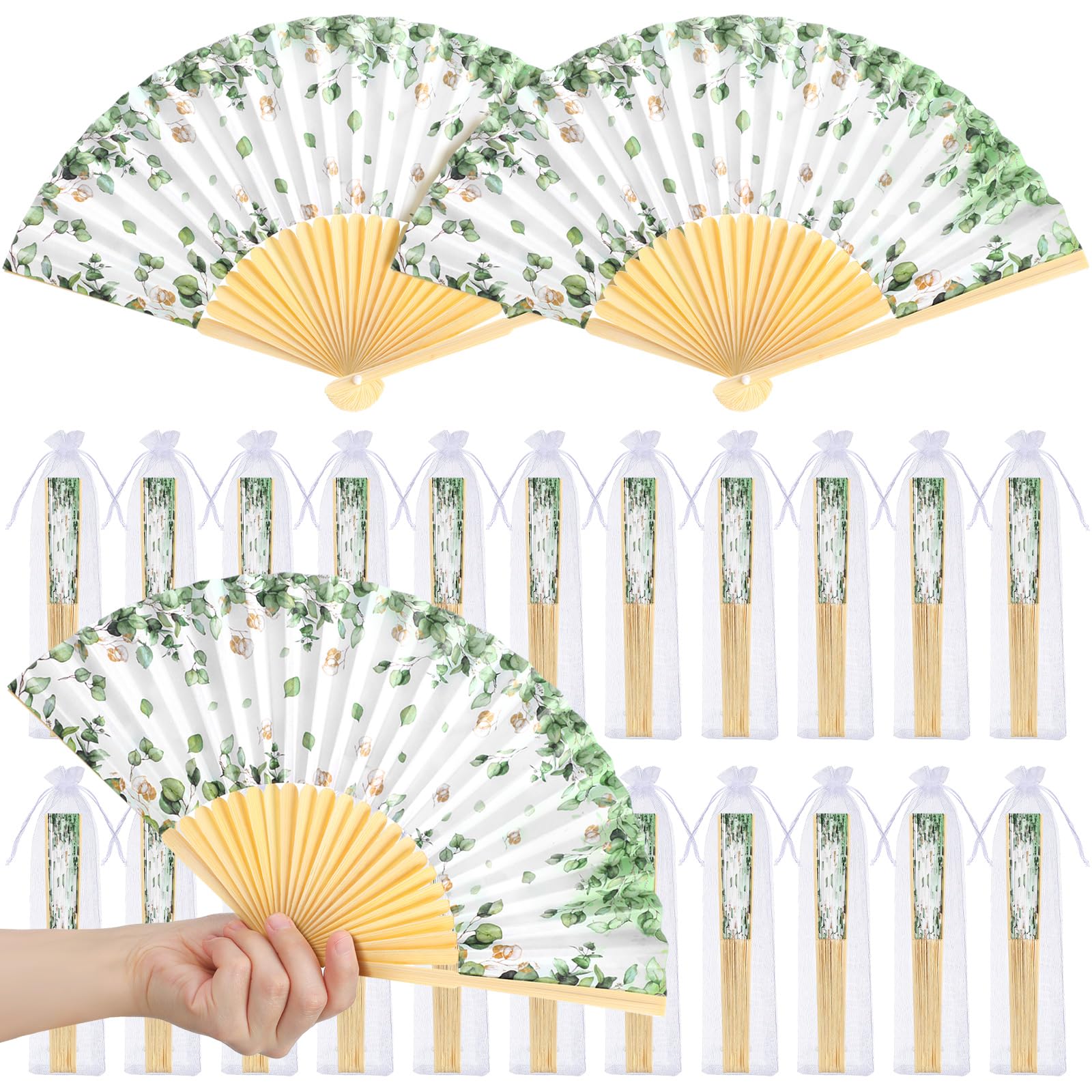 Photo 1 of Vercraft 25 Sets Eucalyptus Leaf Hand Folding Fans with Organza Bags Bulk, Guests Eucalyptus Wedding Favors for Decorations Botanical Paper Fans for Bridal Shower Wedding Bridesmaid Gift