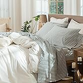 MooMee Striped Sheet Set 100% Washed Cotton Linen Like Textured Breathable Durable Soft Comfy (Heathered Green Classic Stripes, King)