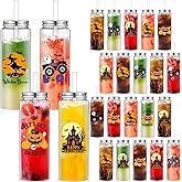 Pickmesh 24 Pcs Large Halloween Plastic Cups with Lids 17 oz Ghost Spooky Party Plastic Cups with Lids and Straws Bulk Pumpkin Drinking Tumblers for Halloween Party Supplies Gift Decorations