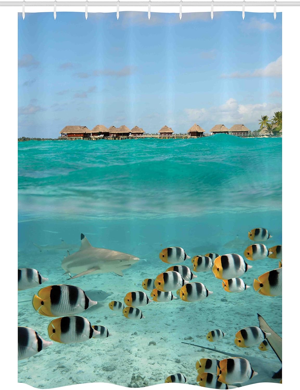 Ambesonne Ocean Stall Shower Curtain, Blacktip Reef Shark Chasing Butterfly Fish Lagoon of Bora Bora Tahiti, Fabric Bathroom Decor Set with Hooks, 54" X 78", Aqua Yellow and Black