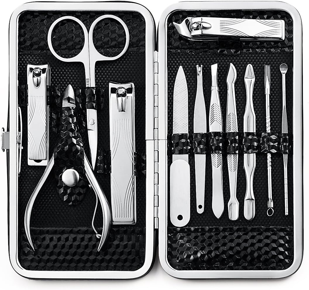Professional Stainless Steel Manicure Tool Pedicure Nail Clippers Grooming Kit Cuticle Cutters Set of 12 with Portable Travel Case
