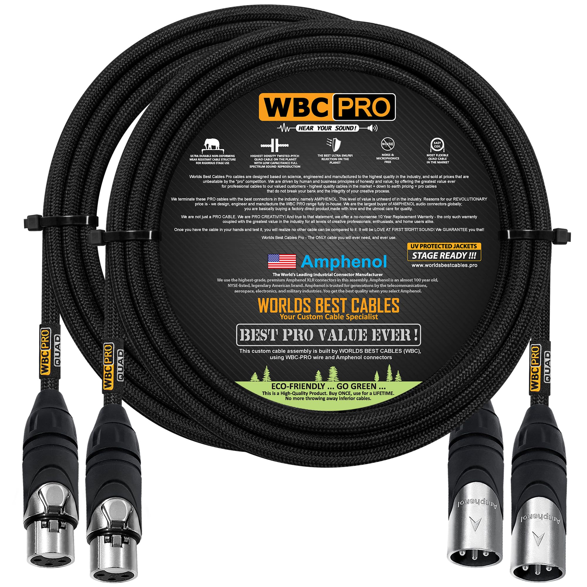 WORLDS BEST CABLES 2 Units - 4 Meter - WBC-PRO-QUAD Ultra-Silent Ultra-Flexible Balanced Star-Quad Cable with Amphenol Male & Female XLR Plugs & Black Tweed Jacket