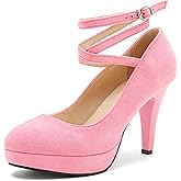 Women's Platform High Heel Pumps with Criss Cross Ankle Strap, Closed Toe, Dress Shoes