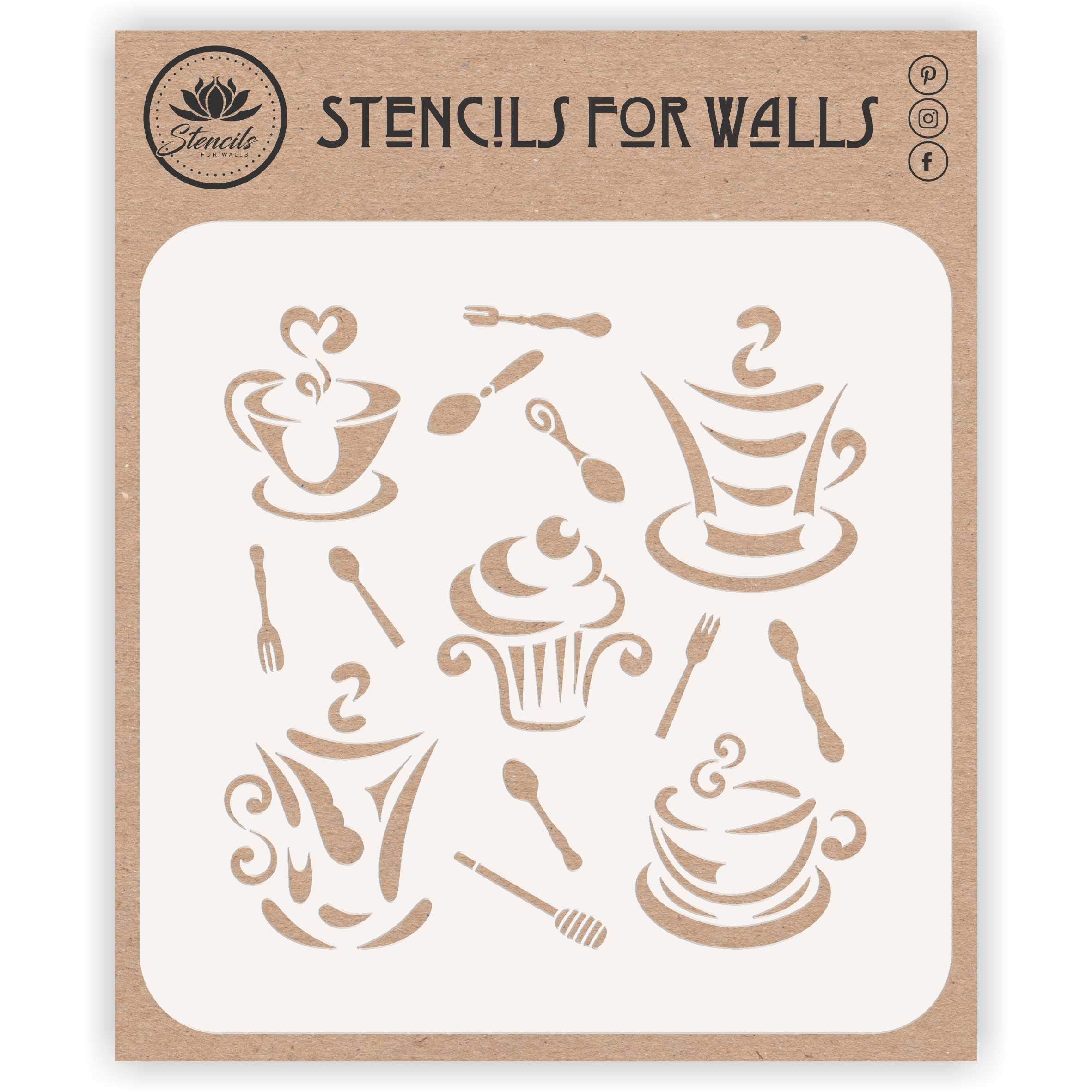 Coffee n Cake Stencil, 16.51 x 16.51 cm (M) - Stylized Decorative Images Coffee Cup and Cupcake Stencils Template for Painting