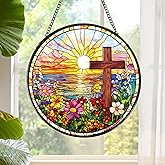 Rngmsi Cross Flower Stained Glass Window Hanging Gift, 7.8″ Sun Catchers Indoor Window Decor, Decorative Suncatchers Home Garden Art Religious Gift for Thanksgiving Christmas Housewarming