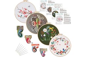 Louise Maelys 4 Pack Embroidery Starter Kit with Cherry Plants Floral Stamped,Cross Stitch Kit Set for Beginner Adults Include Embroidery Cloth Hoops Threads Needles and Instructions