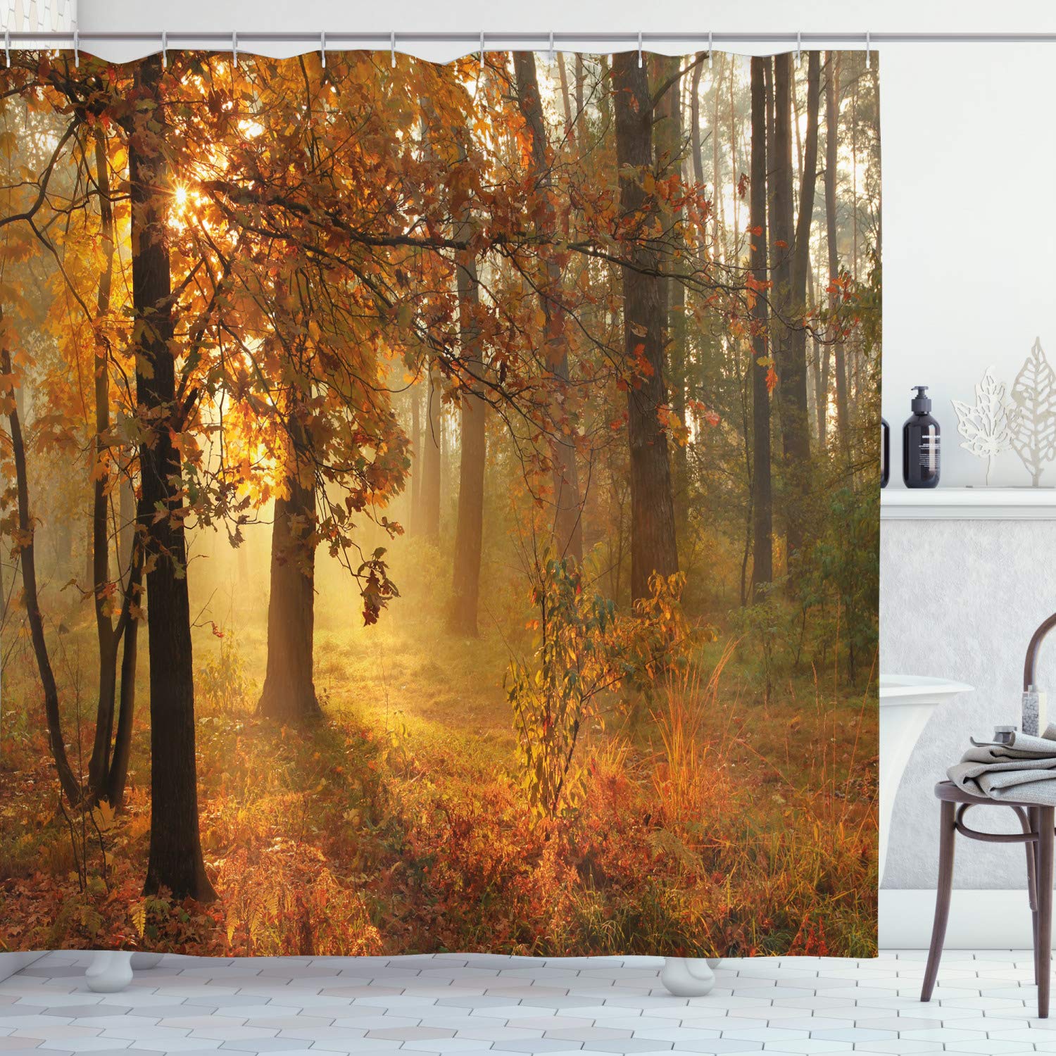 ABAKUHAUS Fall Shower Curtain, Misty Autumnal Forest with Rising Sun Early Morning in Foggy Woods Scenery, Cloth Fabric Bathroom Decor Set with Hooks, 70 Inches, Orange Brown Green — image 1